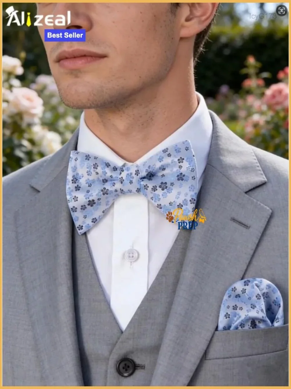 Pre-Tied Floral Bow Tie & Pocket Square Set, Silk Feel Polyester, Formal Wear